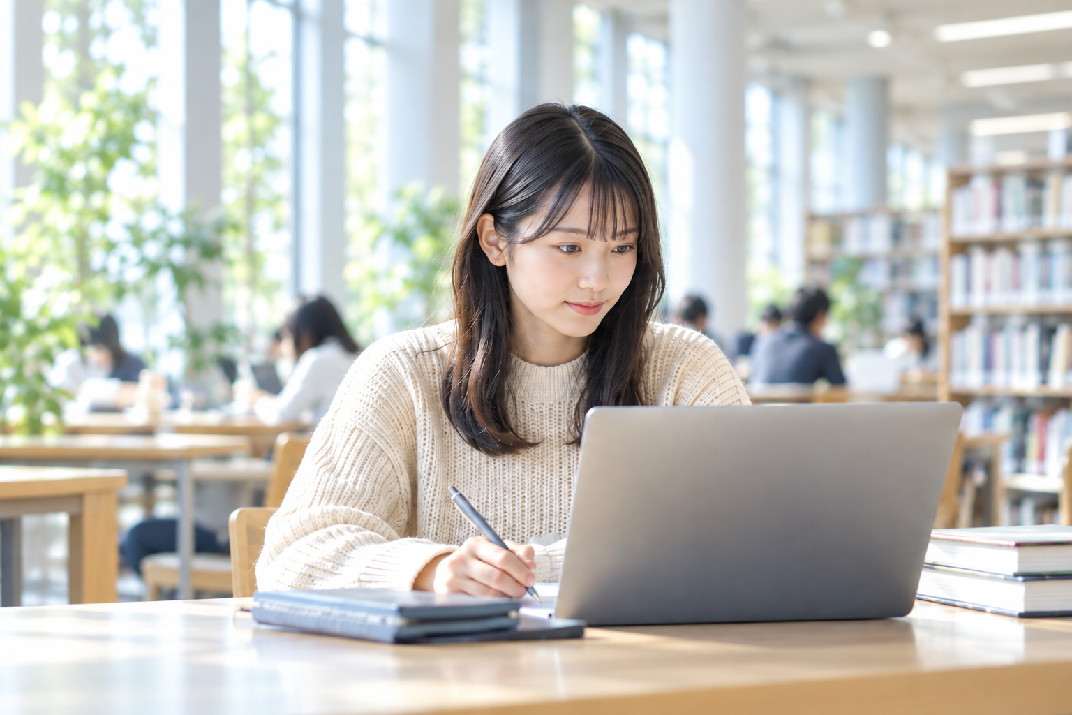 A university student taking notes while studying in a bright library
